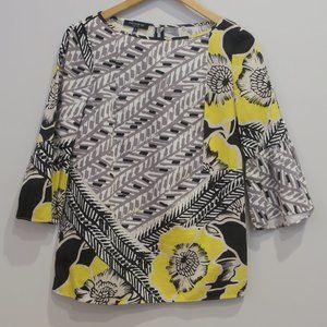 LAFAYETTE 148 blouse top floral print yellow white cotton boatneck size 6 relax